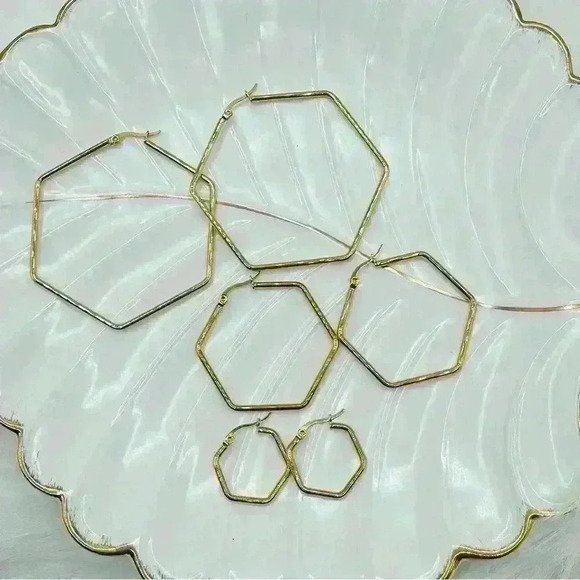 Hexagonal Gold-plated Hoops 3 pair set - Picture 4 of 4
